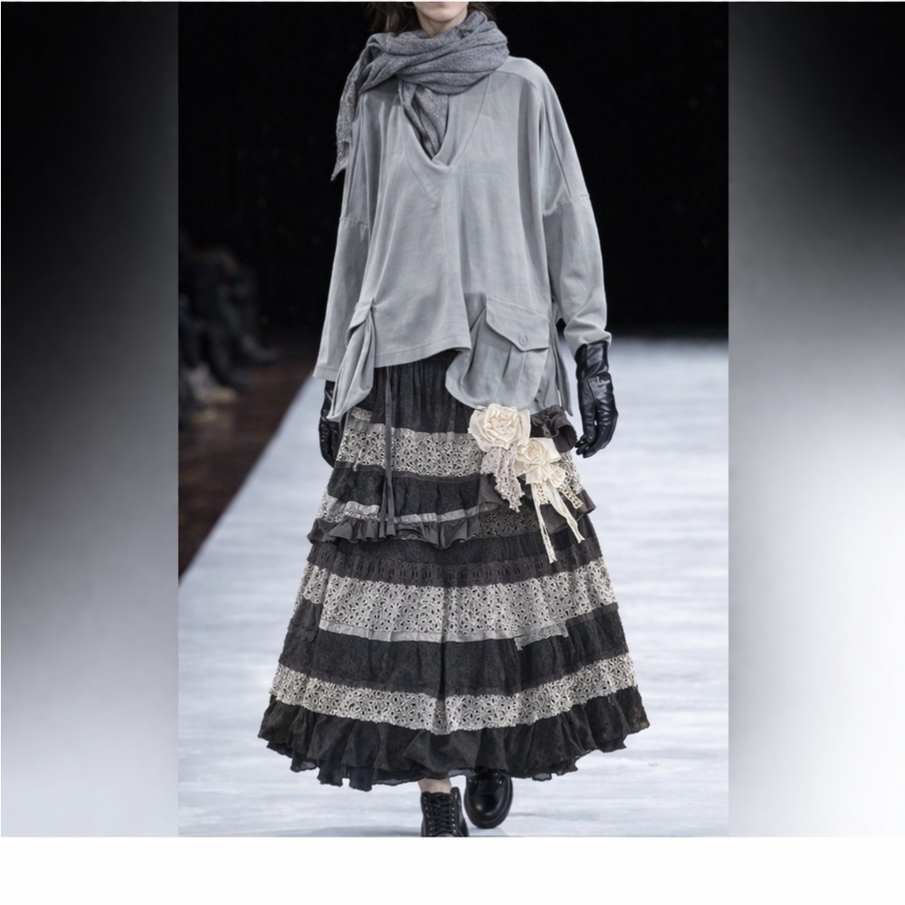 Hand Crafted Gray Tiered Boho Maxi Skirt with Lace Flowers